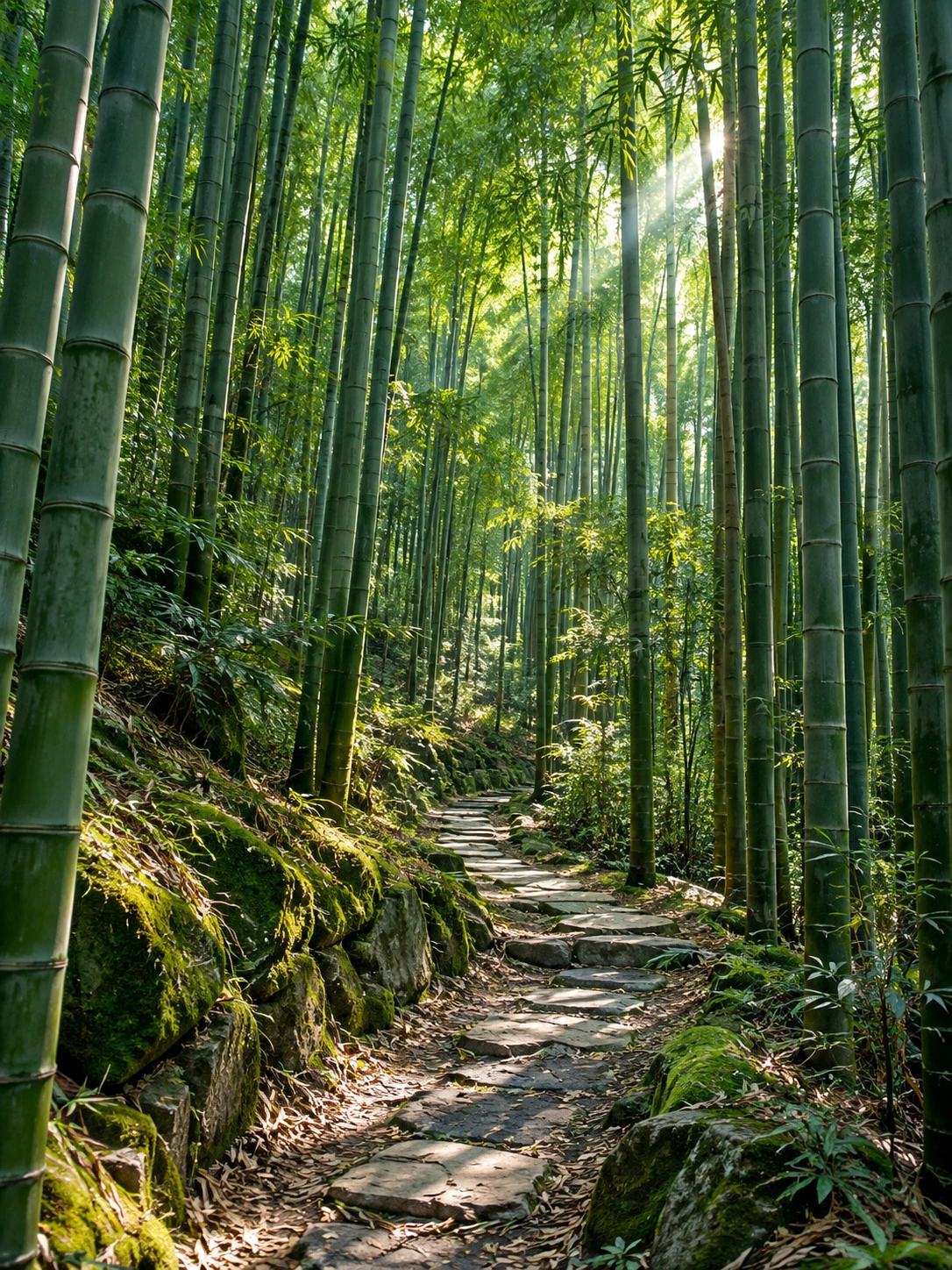 A quiet path through a tall bamboo grove