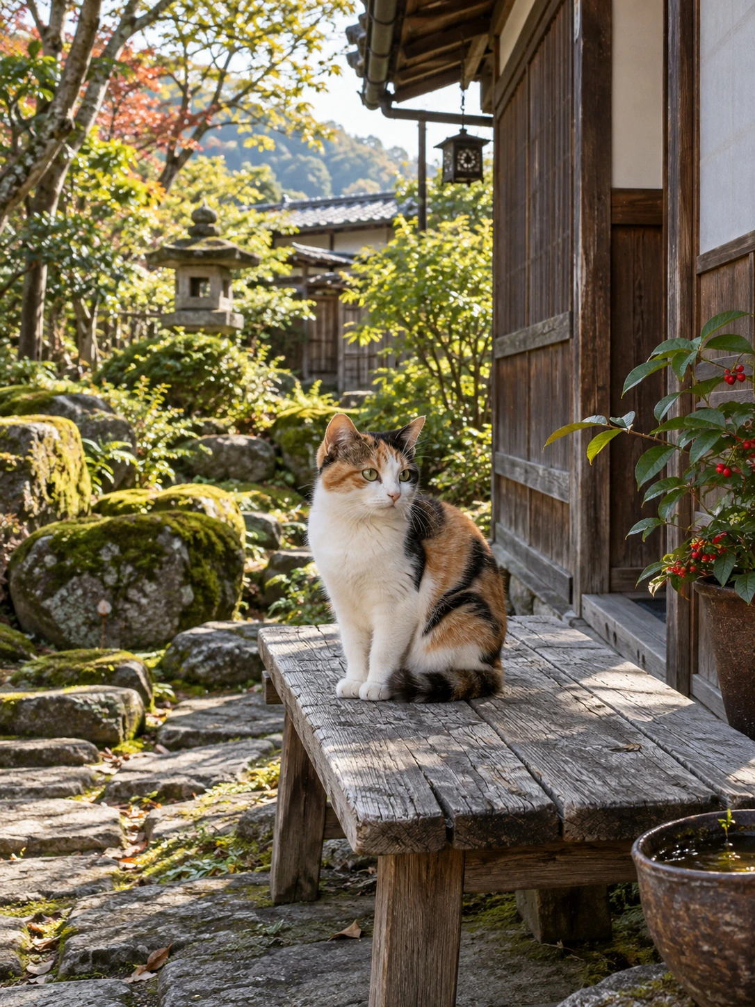 A calico cat resting on a wooden garden bench