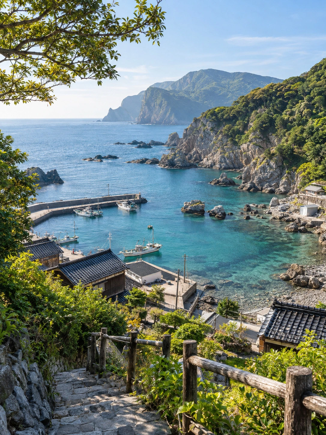 Small fishing boats in a turquoise coastal bay