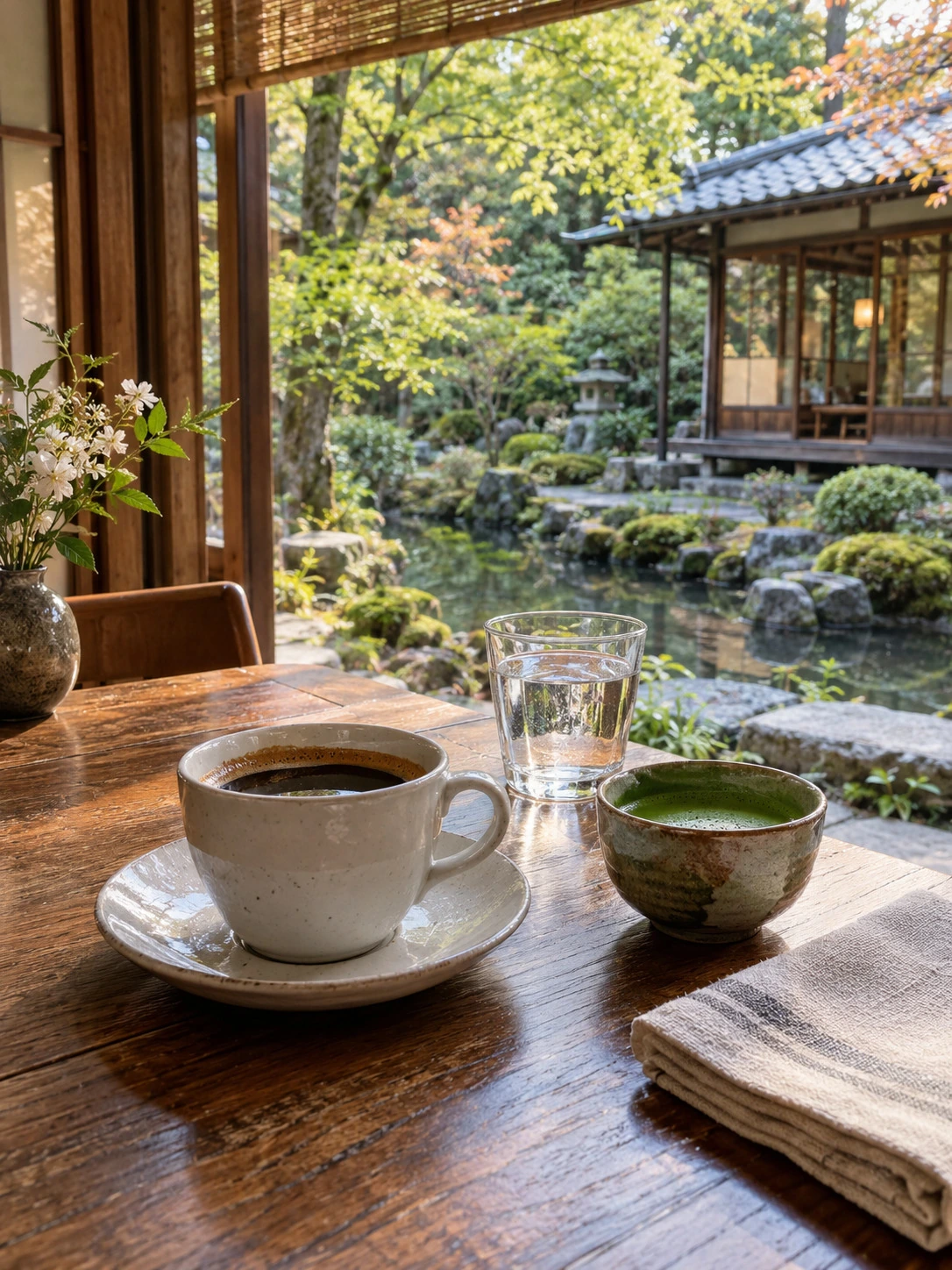 Coffee and matcha overlooking a quiet Japanese garden
