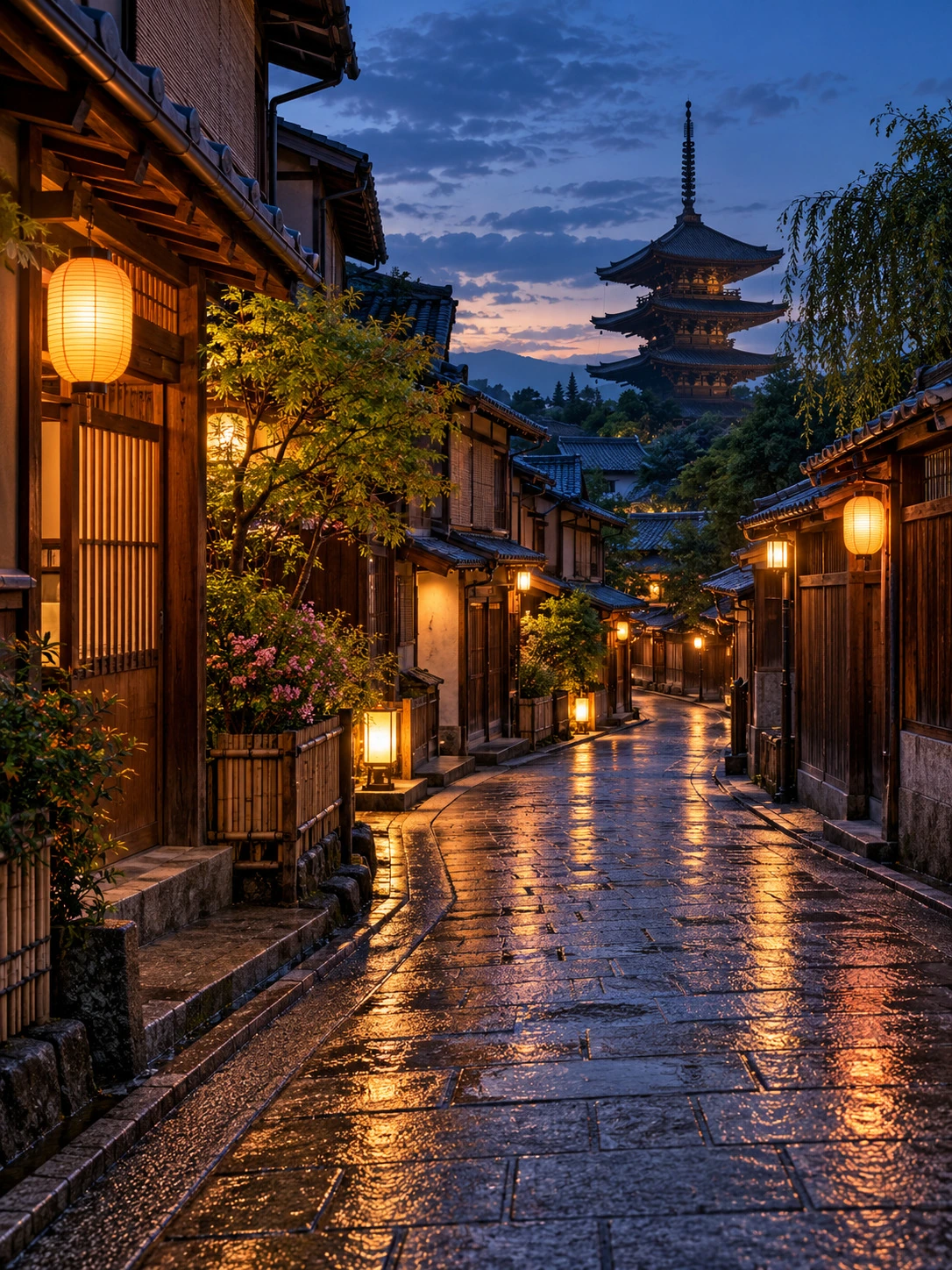A Kyoto lane with warm lanterns and a pagoda at blue hour