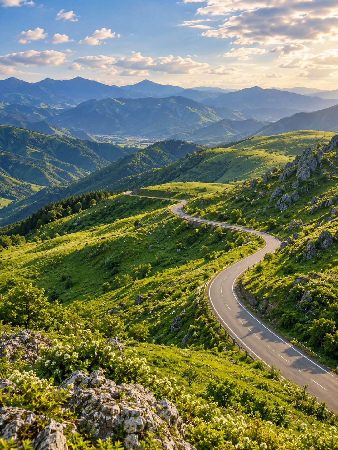 A winding road across sunlit green highlands