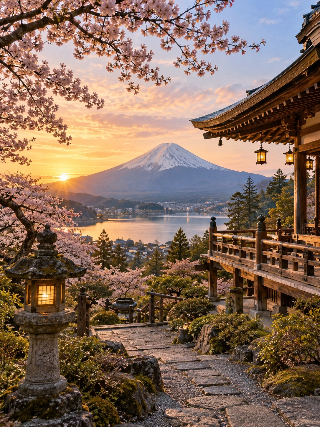 Mount Fuji seen from a temple garden in cherry blossom season