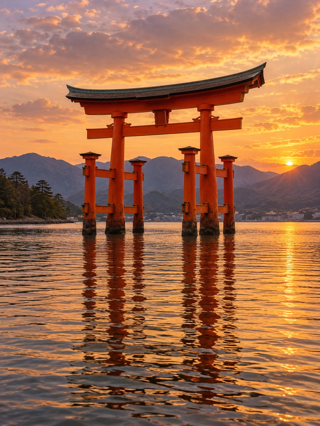 A red torii gate and its reflection at sunset
