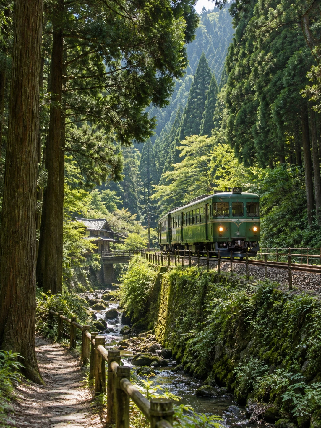 A green local train traveling through a cedar forest